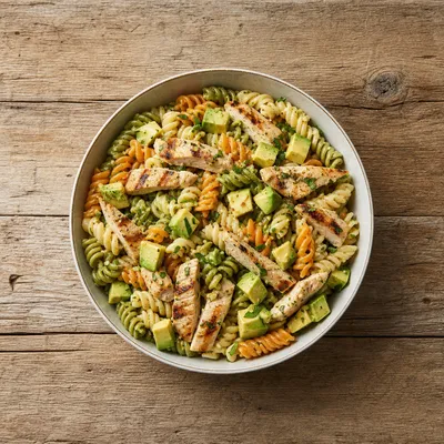 Healthy Chicken Pasta Salad with Avocado - ready to serve