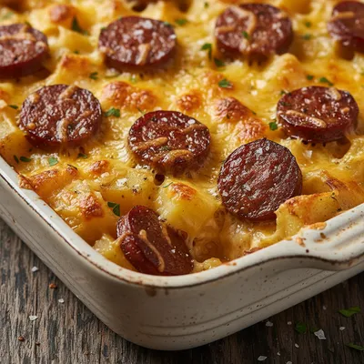 Beef Sausage Cheesy Potato Casserole