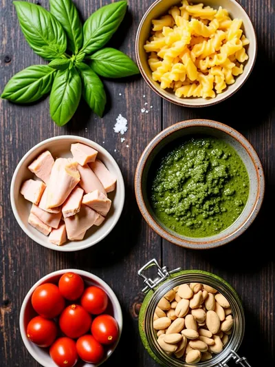 Easy Chicken Pesto Pasta Salad - ingredients preparation
