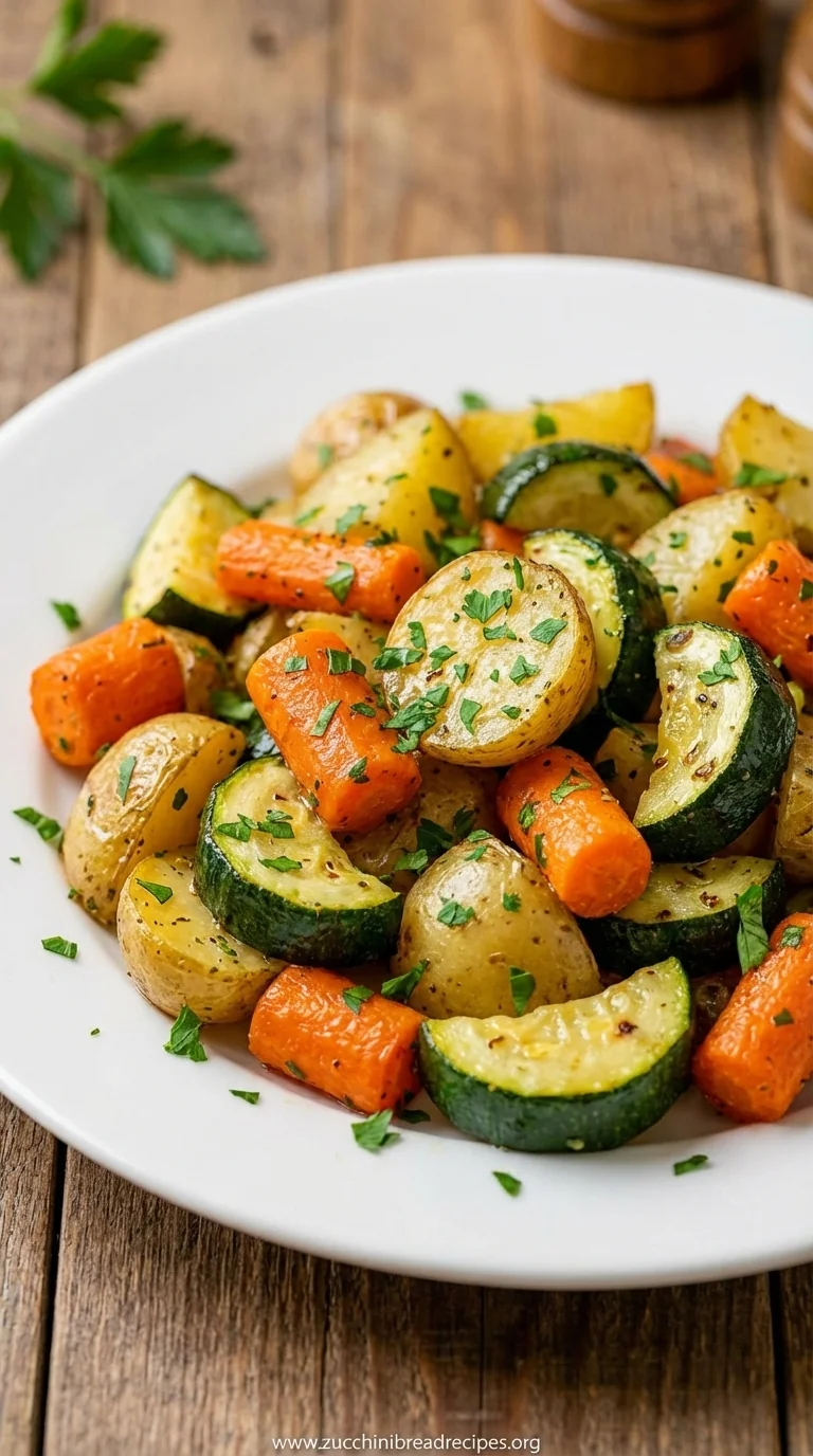 Garlic Herb Roasted Potatoes with Carrots and Zucchini - ready to serve